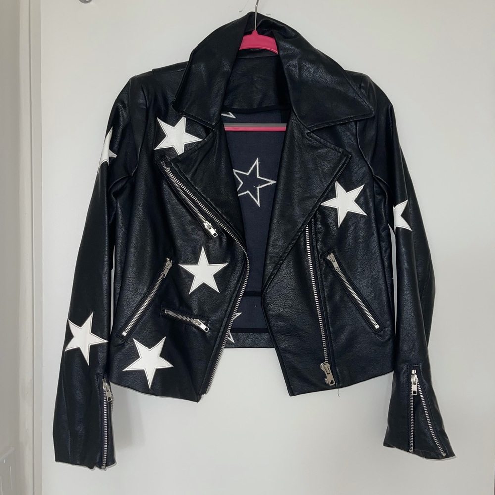 Black Faux Leather Jacket with Stars